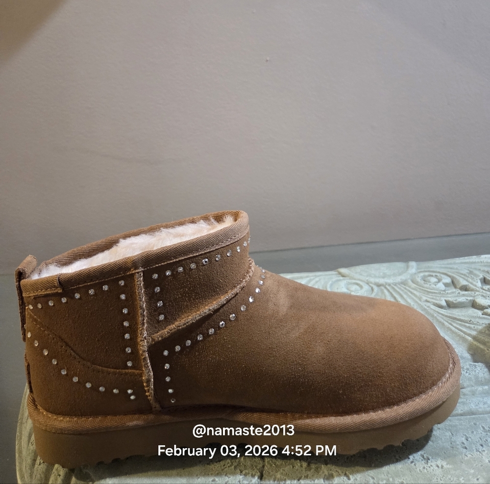 Ugg ULTRA MINI Bling Boots Suede Swarovski Suede Designer Fur Sheaeling #196 - Picture 9 of 16